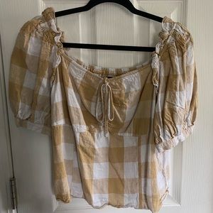 Beige plaid puff sleeve blouse